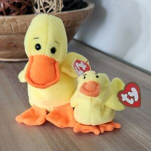 🦆 Ty Beanie Baby “Quackers” & Teenie Beanie “Quacks” Duck Set – 1993 Vintage